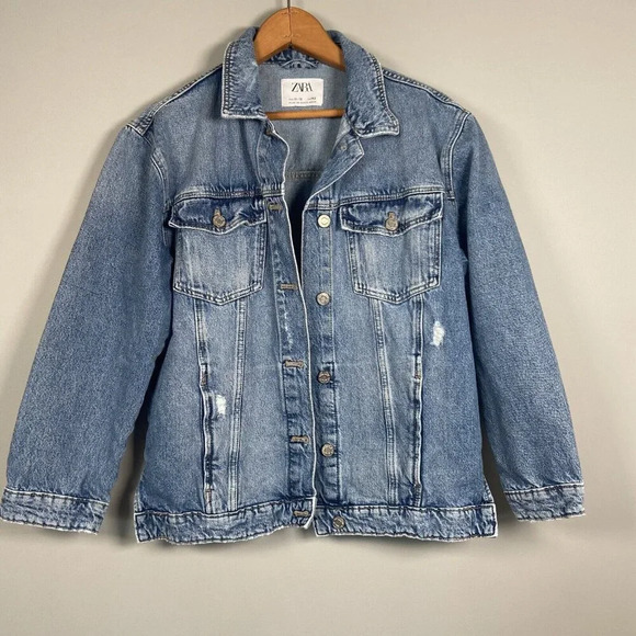 Zara Girls Blue Denim Distressed Jean Jacket Size 11-12 Preppy Classic